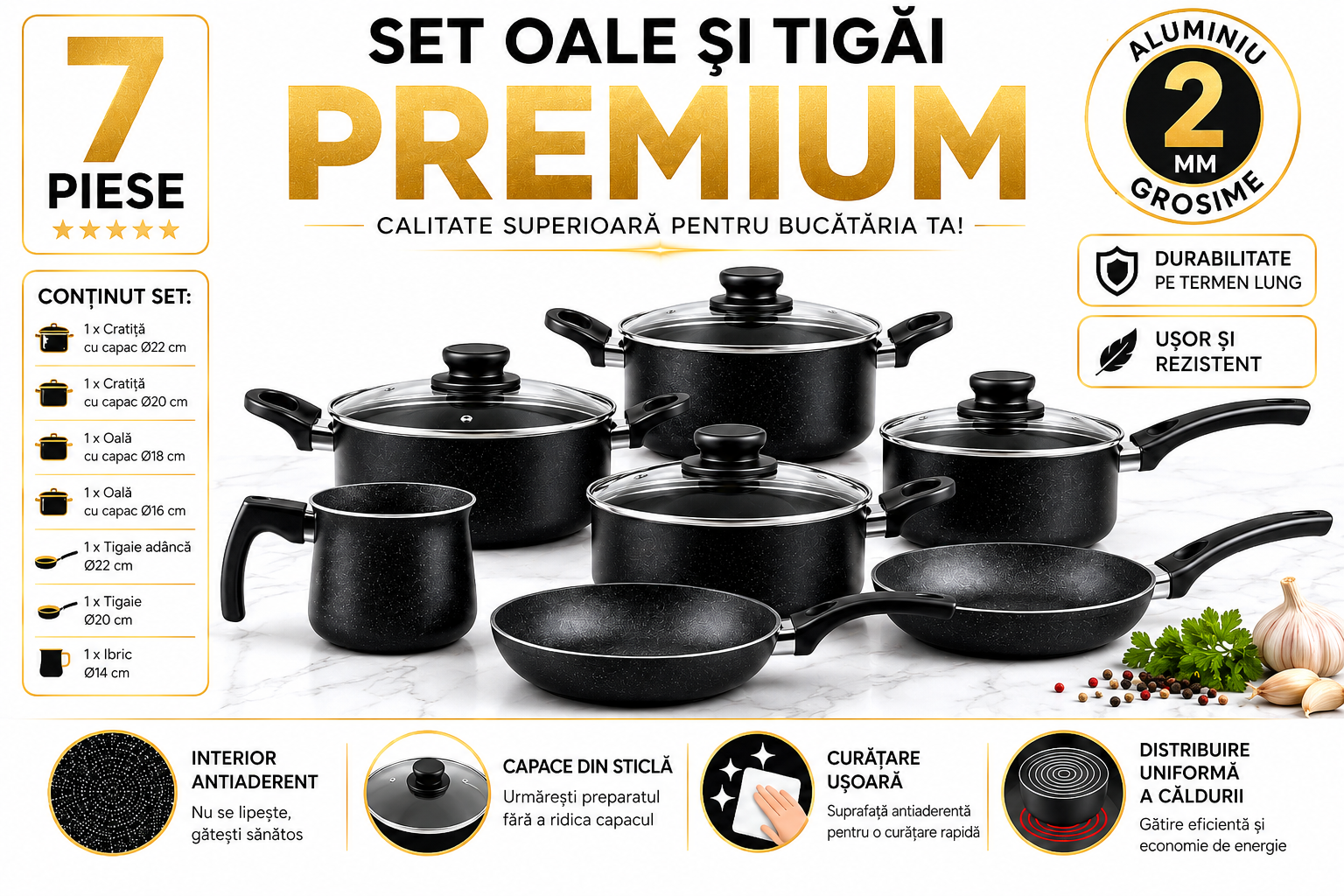Set de Tigăi și Oale Panelux Maximum Stone Antiaderent, 7 Piese