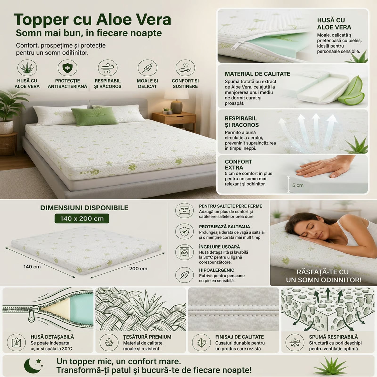 Topper Aloe Vera Confort premium pentru somnul tău 140x200 – extramall.ro