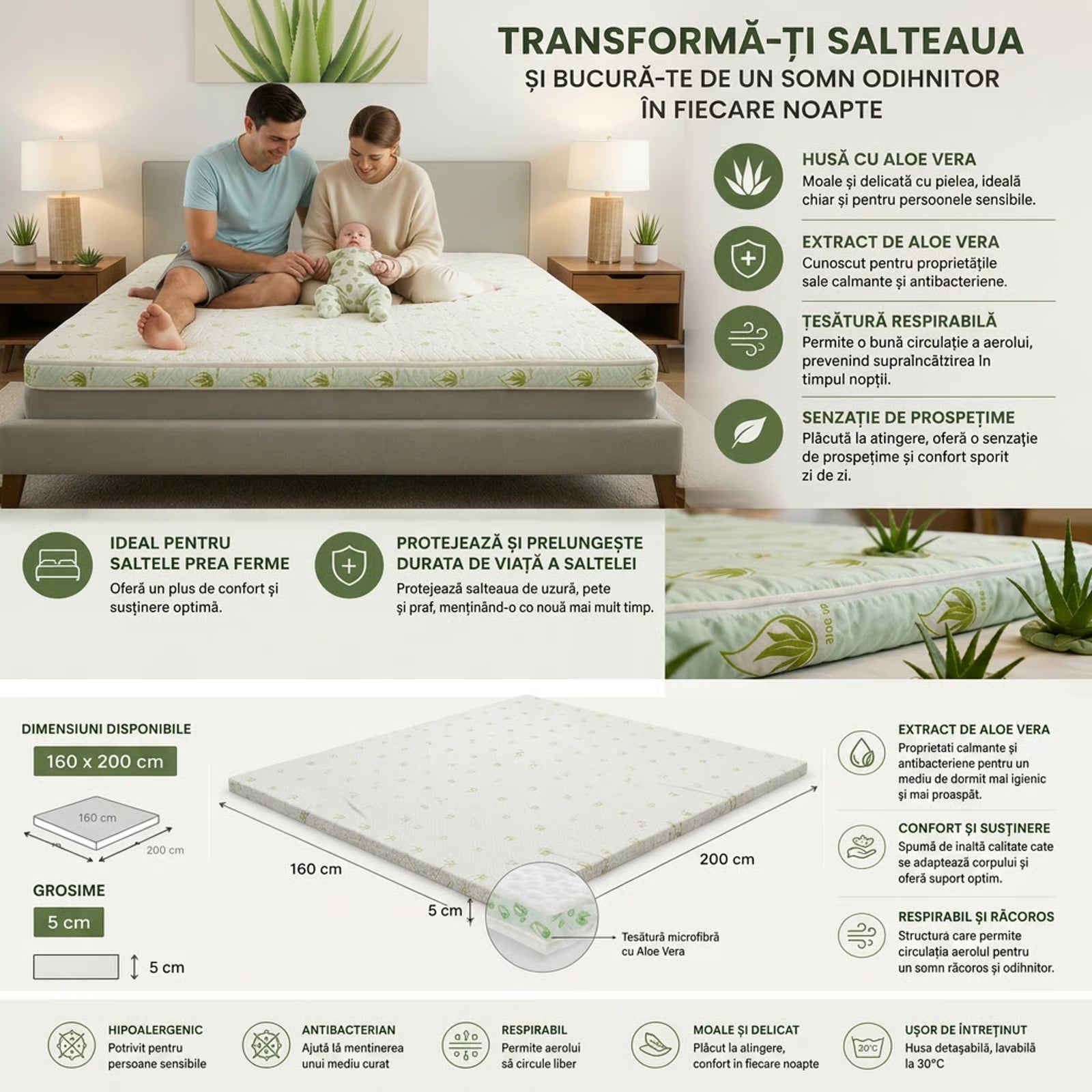 Topper Aloe Vera Confort premium pentru somnul tău 160x200 – extramall.ro