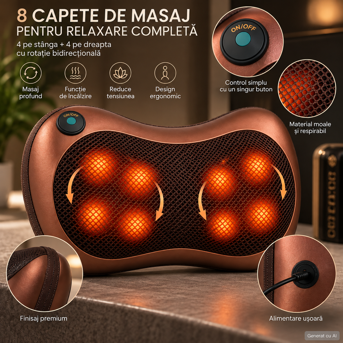 Pernă Electrică de Masaj pentru Gât, Spate și Umeri, Funcție de Încălzire, Masaj Shiatsu, Utilizare Acasă, Birou și Mașină, Adaptor Auto Inclus
