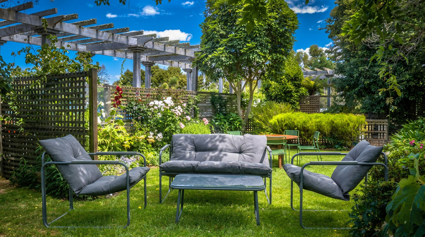 Set mobilier grădină 4 piese – canapea 2 locuri, 2 fotolii și masă cu sticlă securizată GRI INCHIS