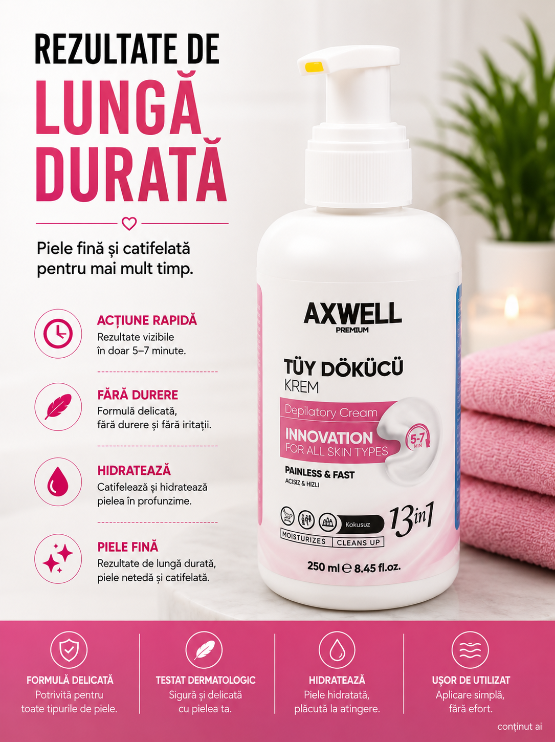 AXWELL Premium 13 în 1 – Cremă Depilatoare 250 ml, Acțiune Rapidă 5-7 Minute, cu Aloe Vera, Vitamina E & Pantenol