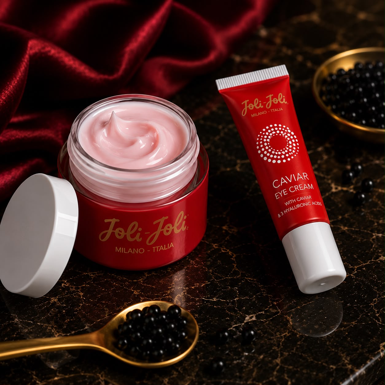 Set Îngrijire Facială Joli Joli Red Caviar Cremă de Zi 50 ml + Cremă Contur Ochi 30 ml cu Extract de Caviar și 3 Tipuri de Acid Hialuronic