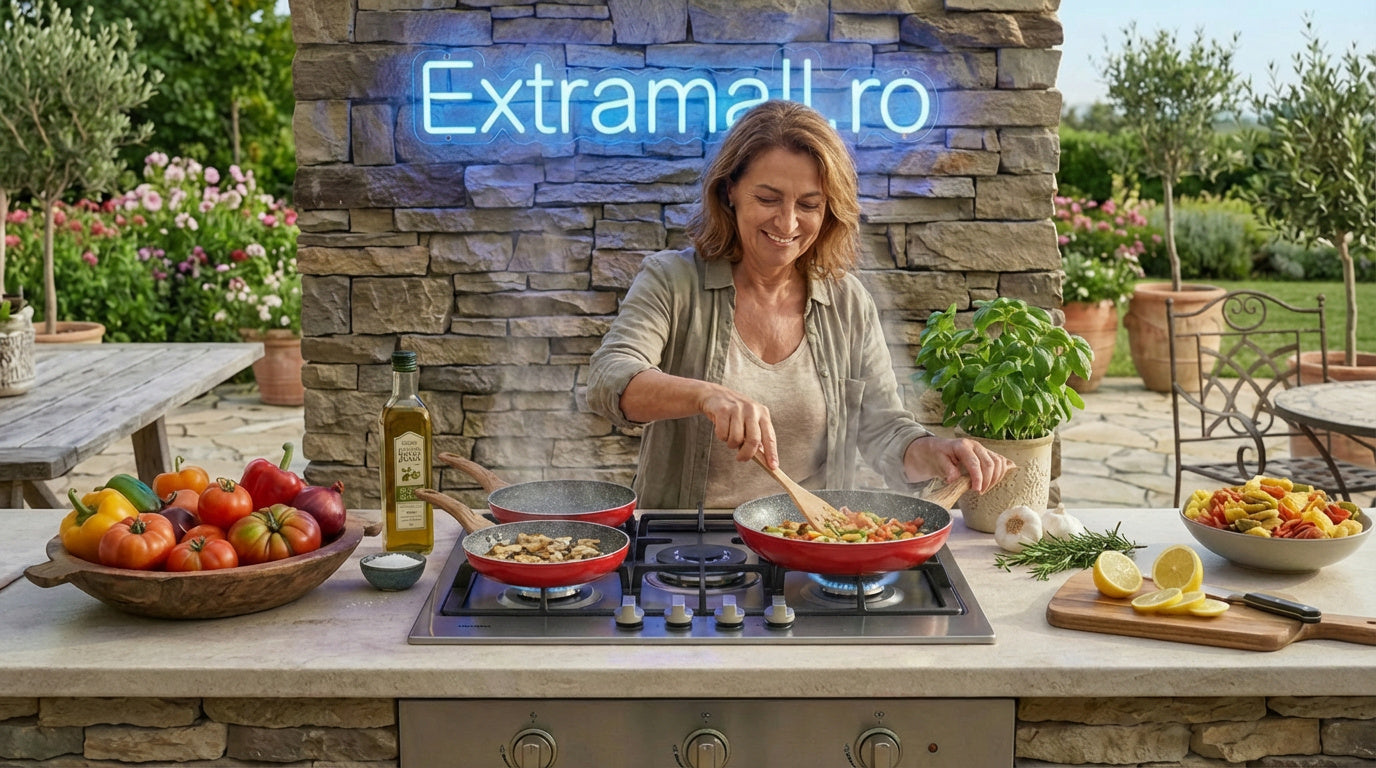 Set tigăi din aluminiu – 3 piese (20 cm, 24 cm, 26 cm) + Tocator din bambus cadou