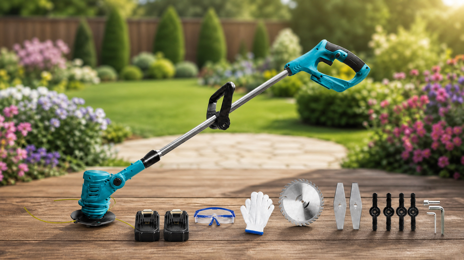 Trimmer Electric cu Acumulator, 2 Baterii Incluse, Motor Puternic, Lame Metalice + Cap cu Fir, Mâner Reglabil, Set Complet de Accesorii pentru Tuns Iarbă și Buruieni