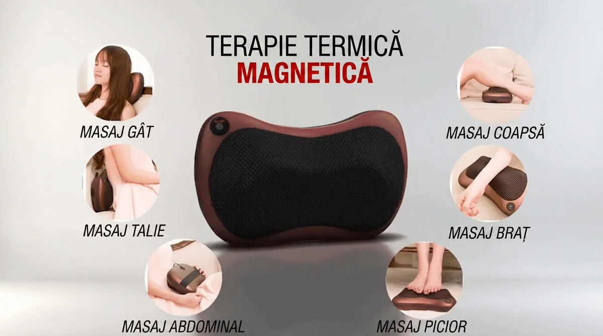 Pernă Electrică de Masaj pentru Gât, Spate și Umeri, Funcție de Încălzire, Masaj Shiatsu, Utilizare Acasă, Birou și Mașină, Adaptor Auto Inclus