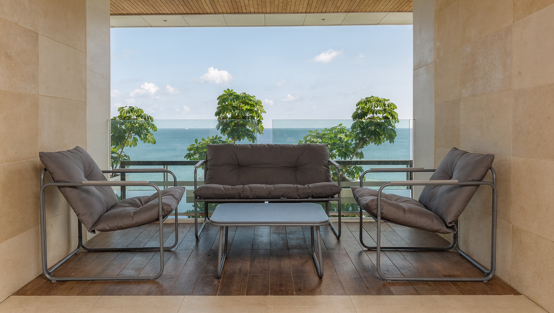 Set mobilier grădină 4 piese – canapea 2 locuri, 2 fotolii și masă cu sticlă securizată GRI INCHIS