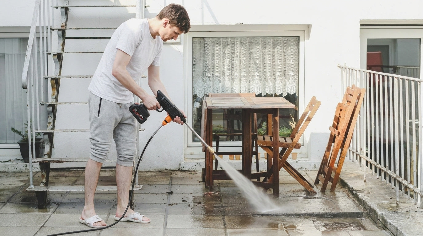 Aparat de spălat cu presiune portabil 48V – fără fir, cu 2 baterii + furtun 5m | Curățenie rapidă oriunde