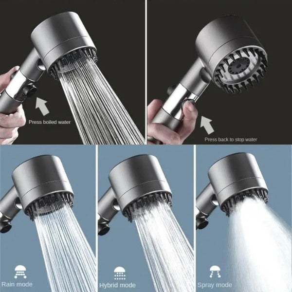 Set Cap de Duș cu Masaj pentru Scalp, 3 Moduri de Pulverizare, Buton STOP + Bandă SPA din Silicon și 3 Filtre Incluse