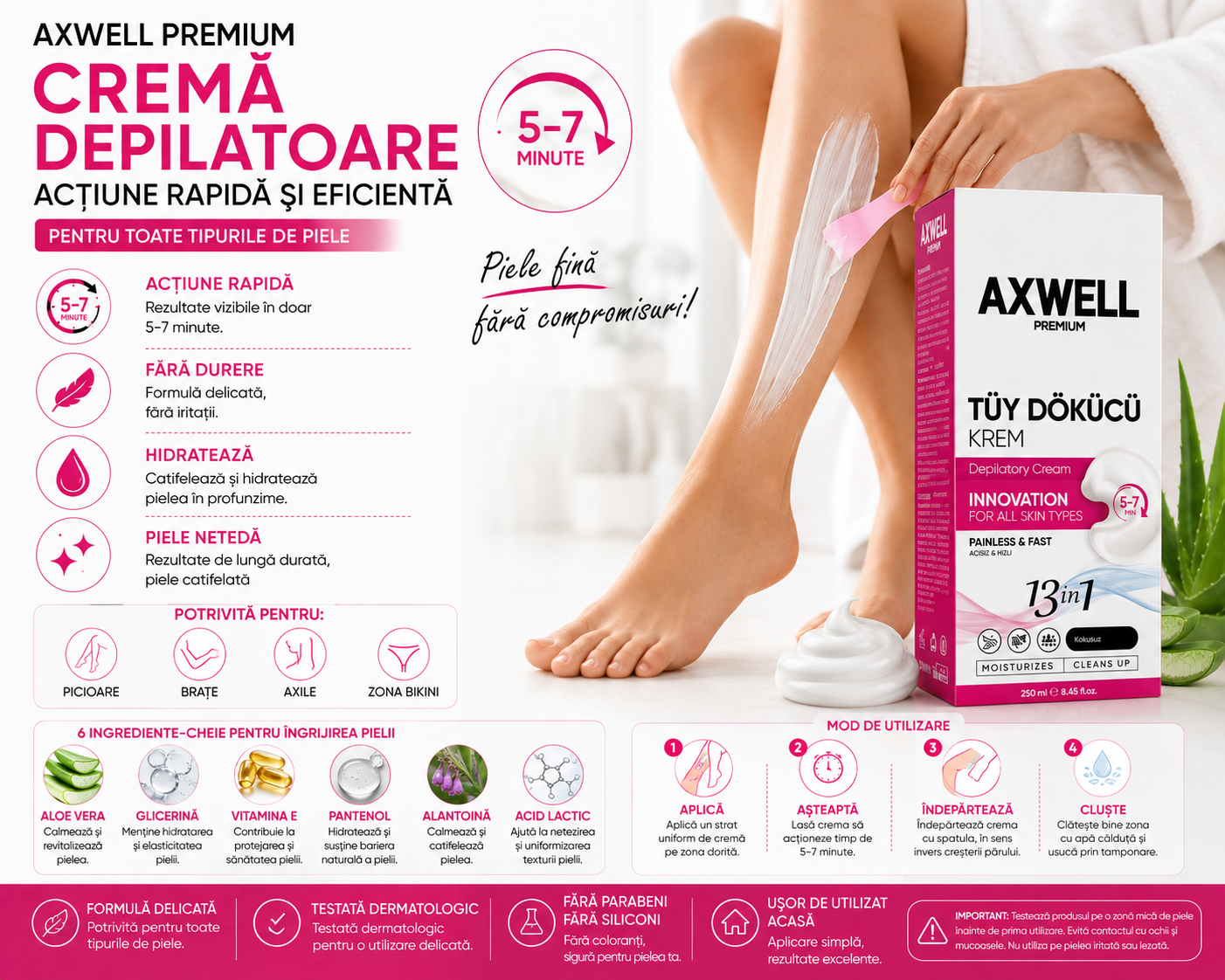 AXWELL Premium 13 în 1 – Cremă Depilatoare 250 ml, Acțiune Rapidă 5-7 Minute, cu Aloe Vera, Vitamina E & Pantenol