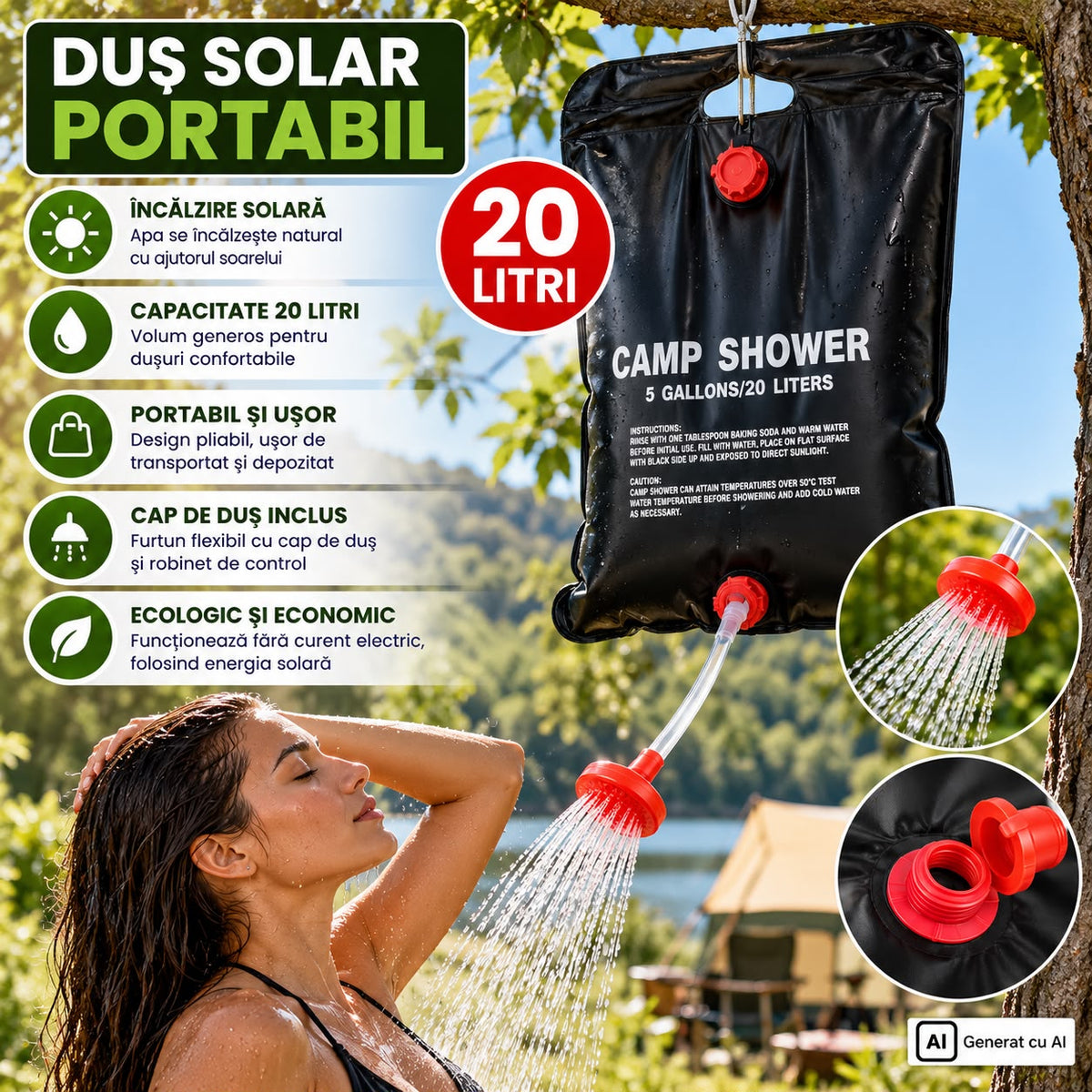 Duș Solar Portabil 20 Litri Apă Caldă Oriunde Te Aflăi