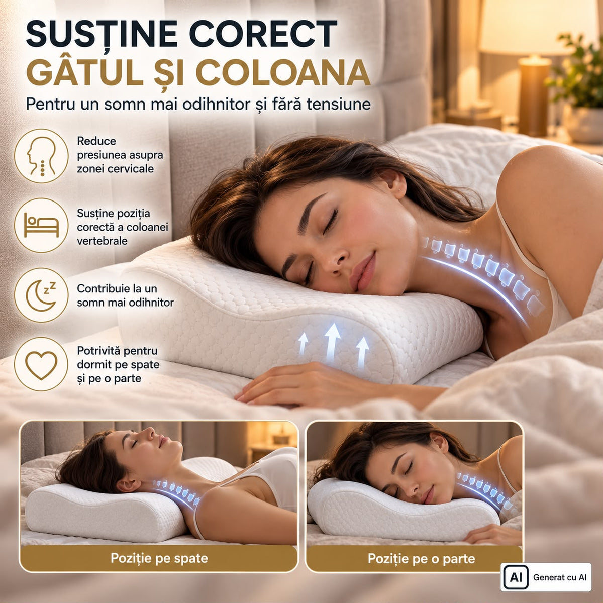 Pernă Cervicală Memory Foam 100% Suport Ergonomic pentru Gât și Coloană | 40x60x9/11 cm