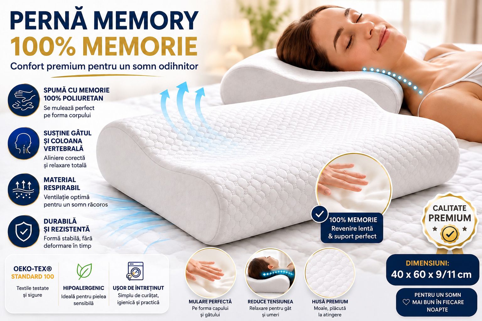 Pernă Cervicală Memory Foam 100% Suport Ergonomic pentru Gât și Coloană | 40x60x9/11 cm