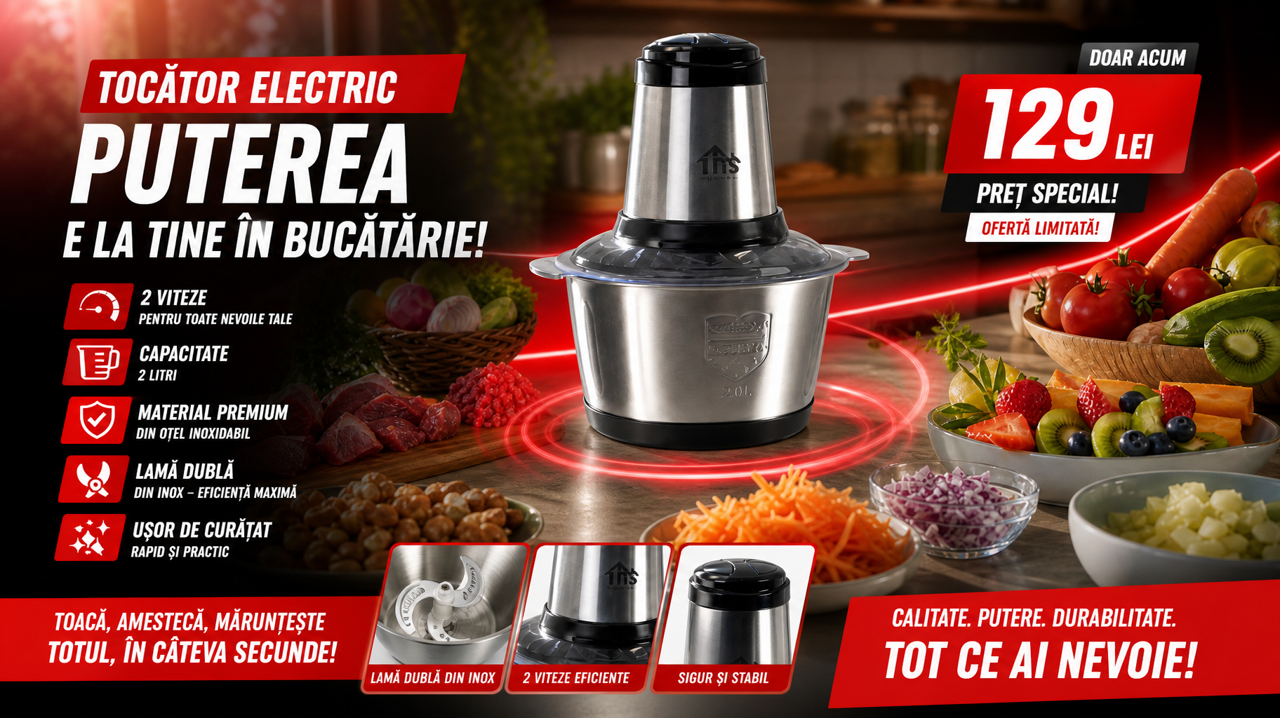Tocător Electric TNS Home Meat Max, Bol Inox 304, 2 L, Putere Mare, 4 Lame din Inox