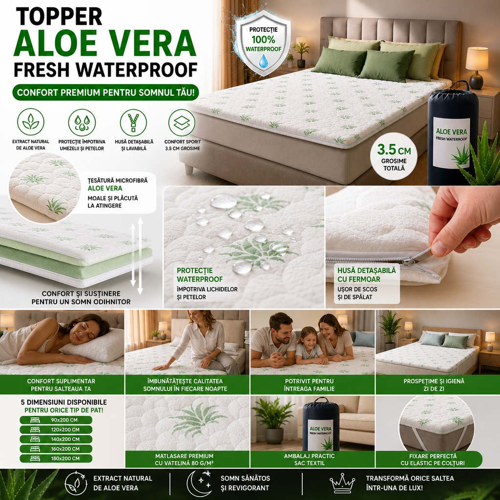 Topper Aloe Vera Fresh Waterproof Confort și Protecție pentru un Somn Odihnitor ✨90-200cm