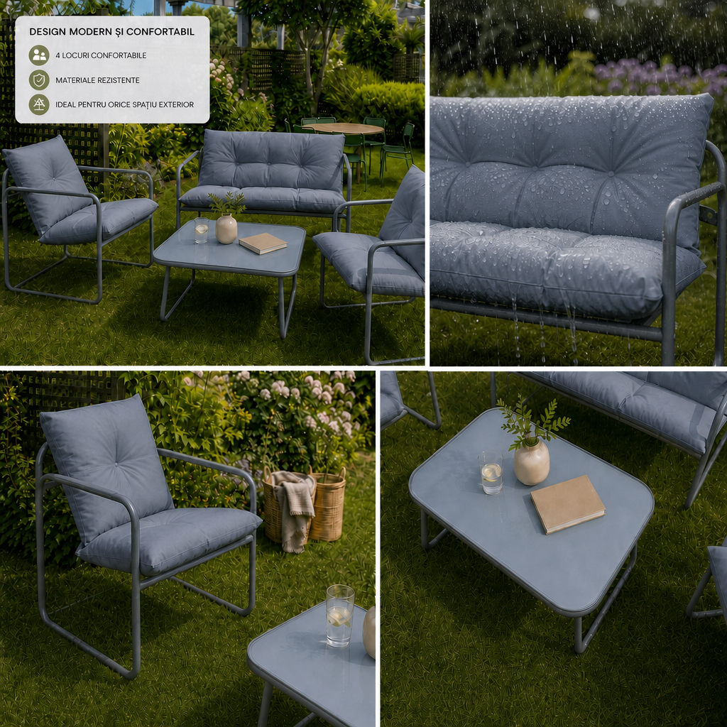 Set mobilier grădină 4 piese – canapea 2 locuri, 2 fotolii și masă cu sticlă securizată GRI INCHIS