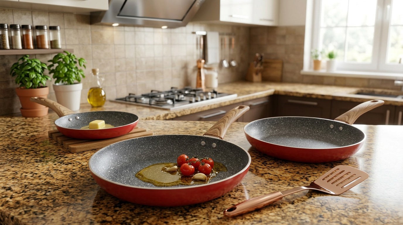 Set tigăi din aluminiu – 3 piese (20 cm, 24 cm, 26 cm) + Tocator din bambus cadou