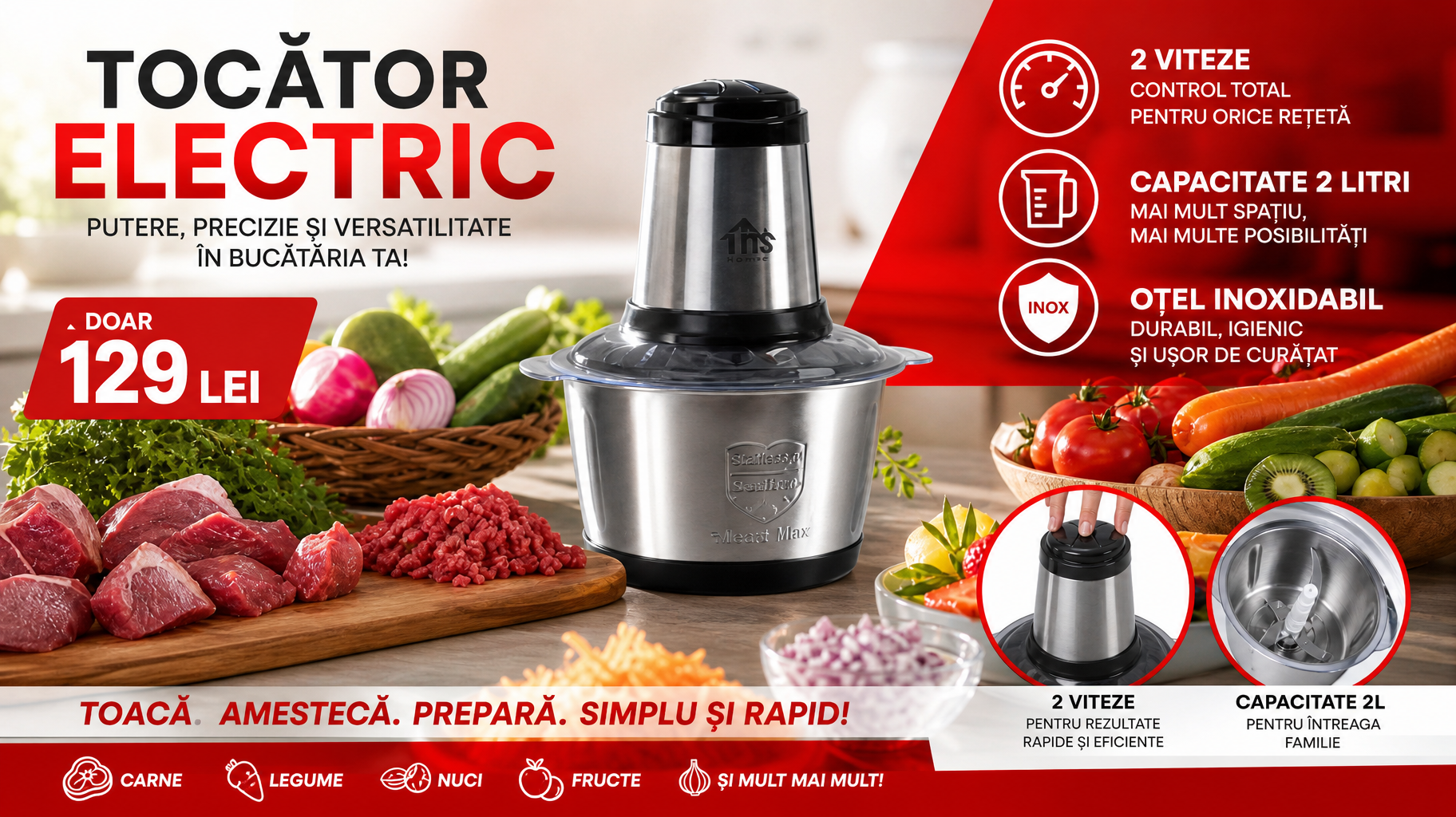 Tocător Electric TNS Home Meat Max, Bol Inox 304, 2 L, Putere Mare, 4 Lame din Inox