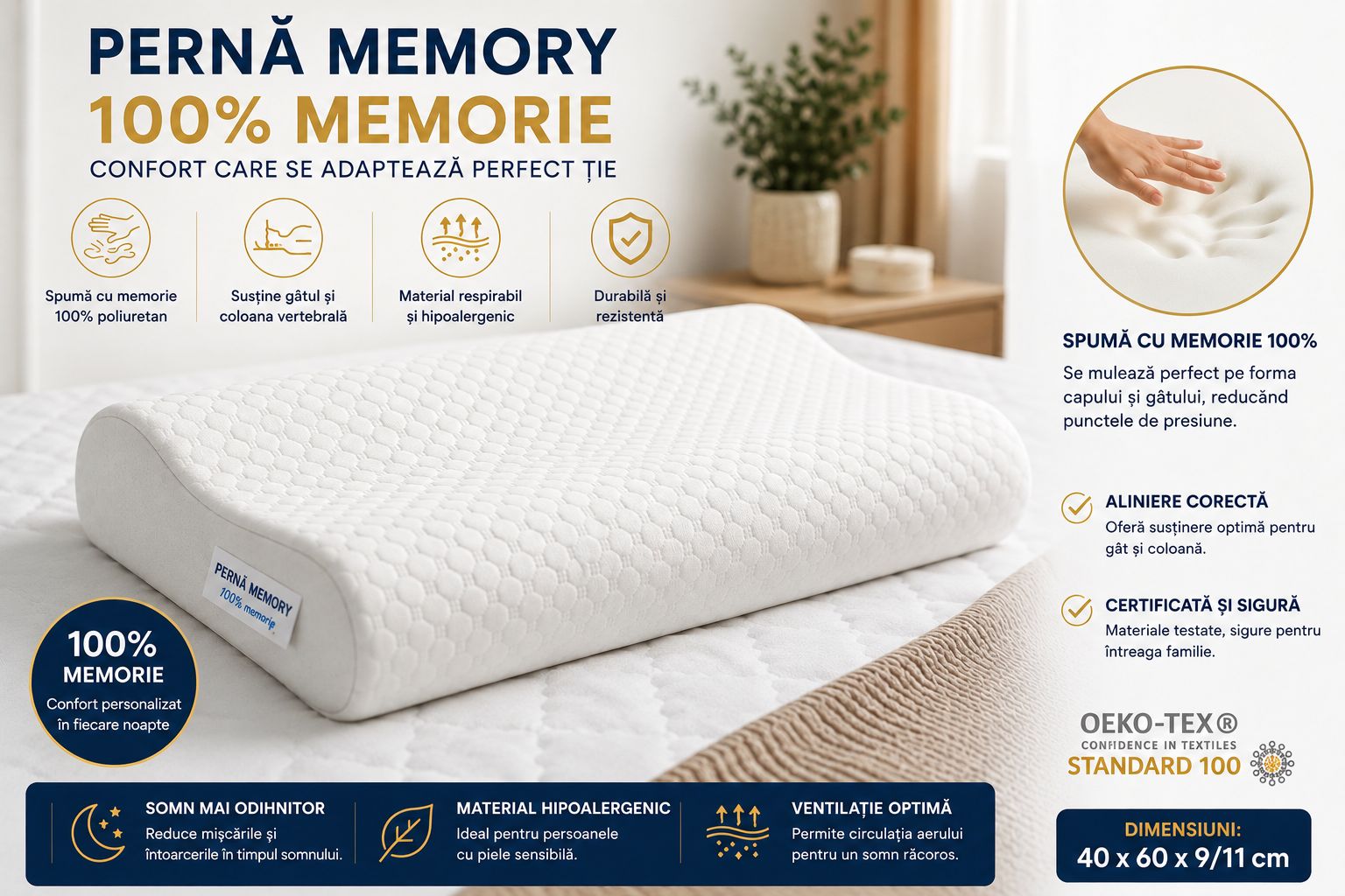 Pernă Cervicală Memory Foam 100% Suport Ergonomic pentru Gât și Coloană | 40x60x9/11 cm
