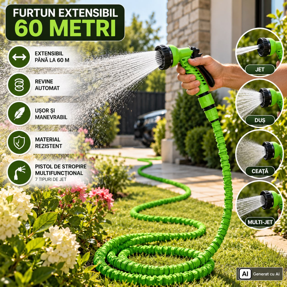 Furtun Extensibil de Grădină 60 Metri cu Pistol de Stropire Multifuncțional
