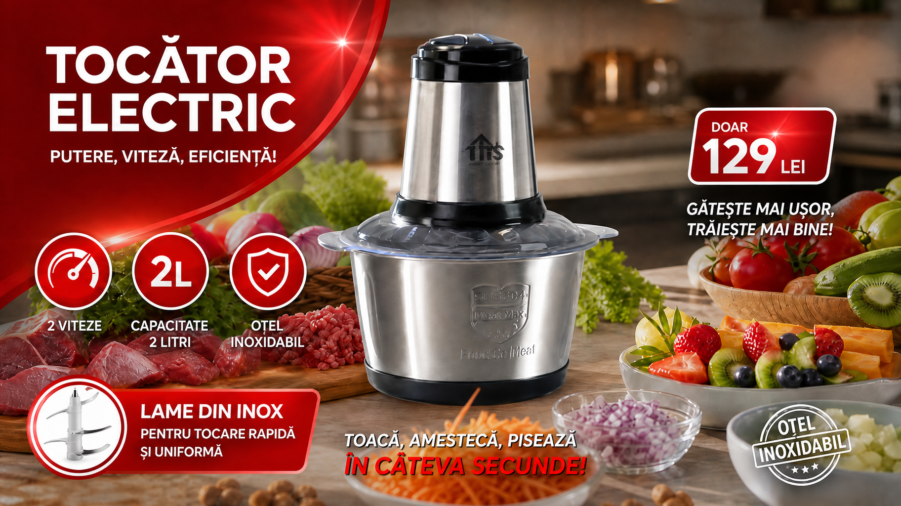 Tocător Electric TNS Home Meat Max, Bol Inox 304, 2 L, Putere Mare, 4 Lame din Inox