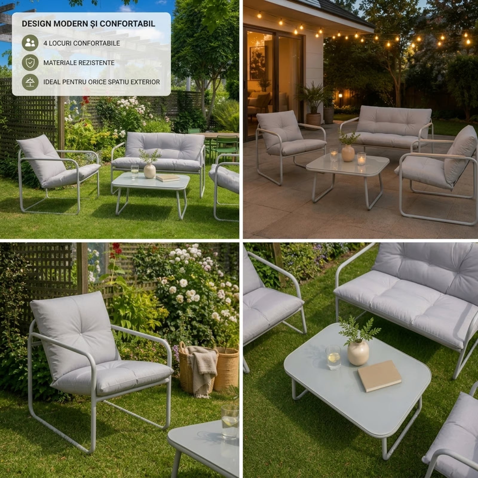Set mobilier grădină 4 piese – canapea 2 locuri, 2 fotolii și masă cu sticlă securizată GRI DESCHIS