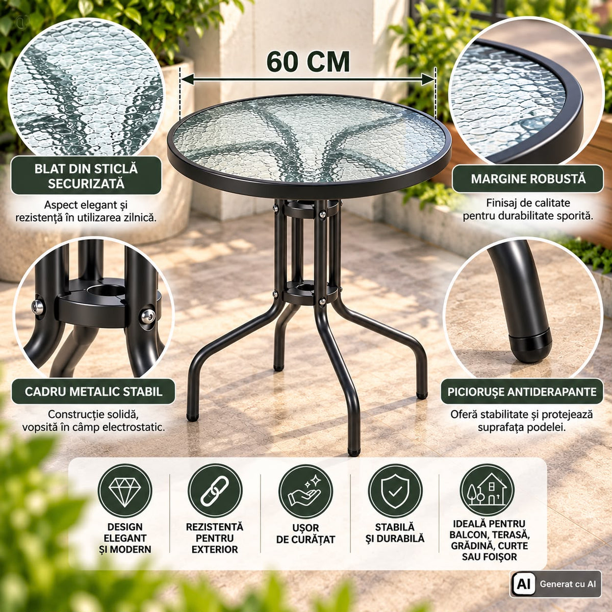 Masă de Grădină Rotundă 60 cm cu Blat din Sticlă Securizată și Cadru Metalic