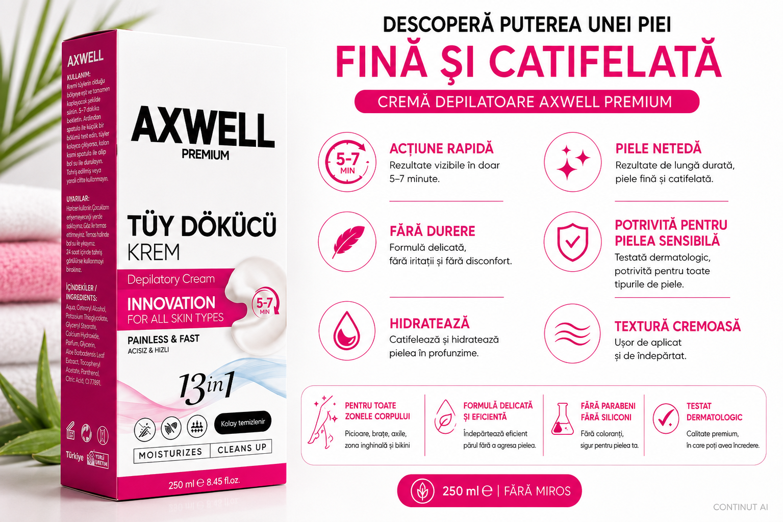 AXWELL Premium 13 în 1 – Cremă Depilatoare 250 ml, Acțiune Rapidă 5-7 Minute, cu Aloe Vera, Vitamina E & Pantenol