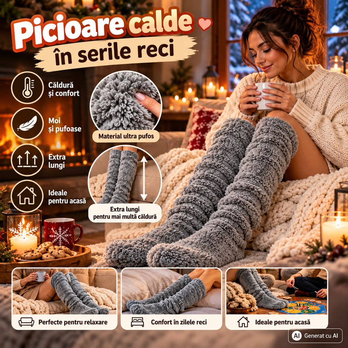 Set 2 Perechi Șosete Lungi Pufoase pentru Iarnă, Moi și Confortabile, Gri