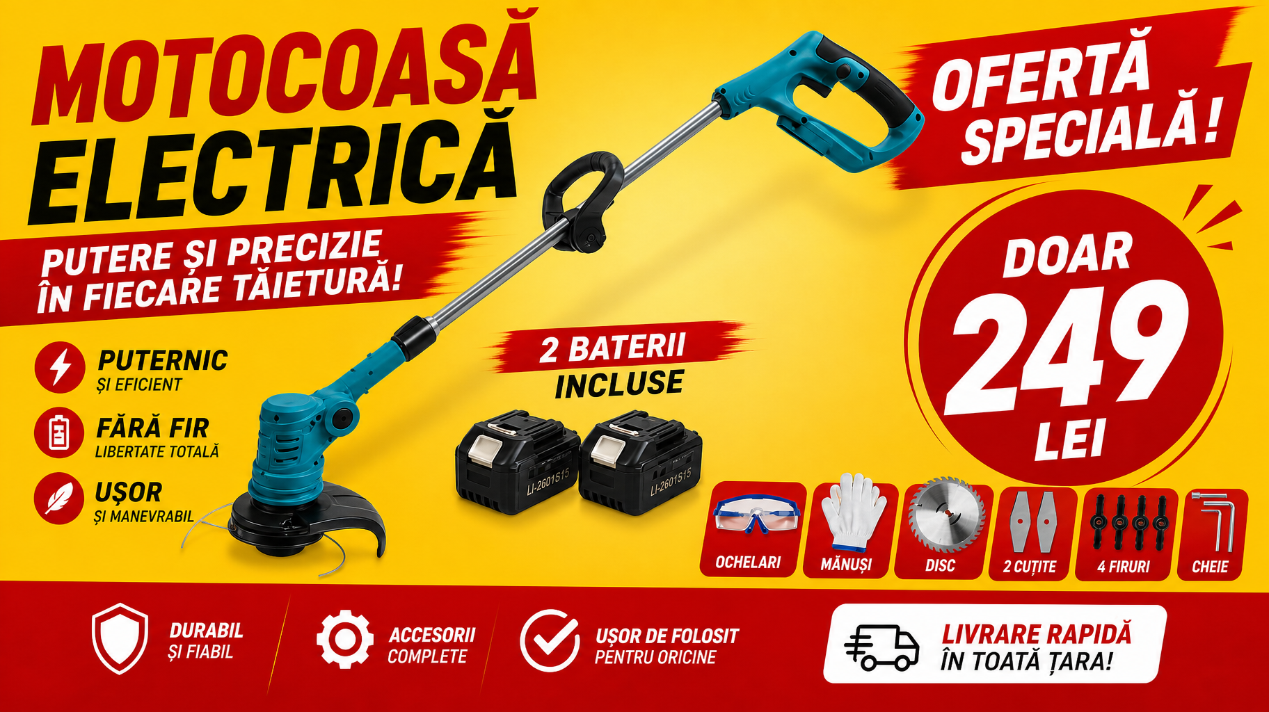 Trimmer Electric cu Acumulator, 2 Baterii Incluse, Motor Puternic, Lame Metalice + Cap cu Fir, Mâner Reglabil, Set Complet de Accesorii pentru Tuns Iarbă și Buruieni