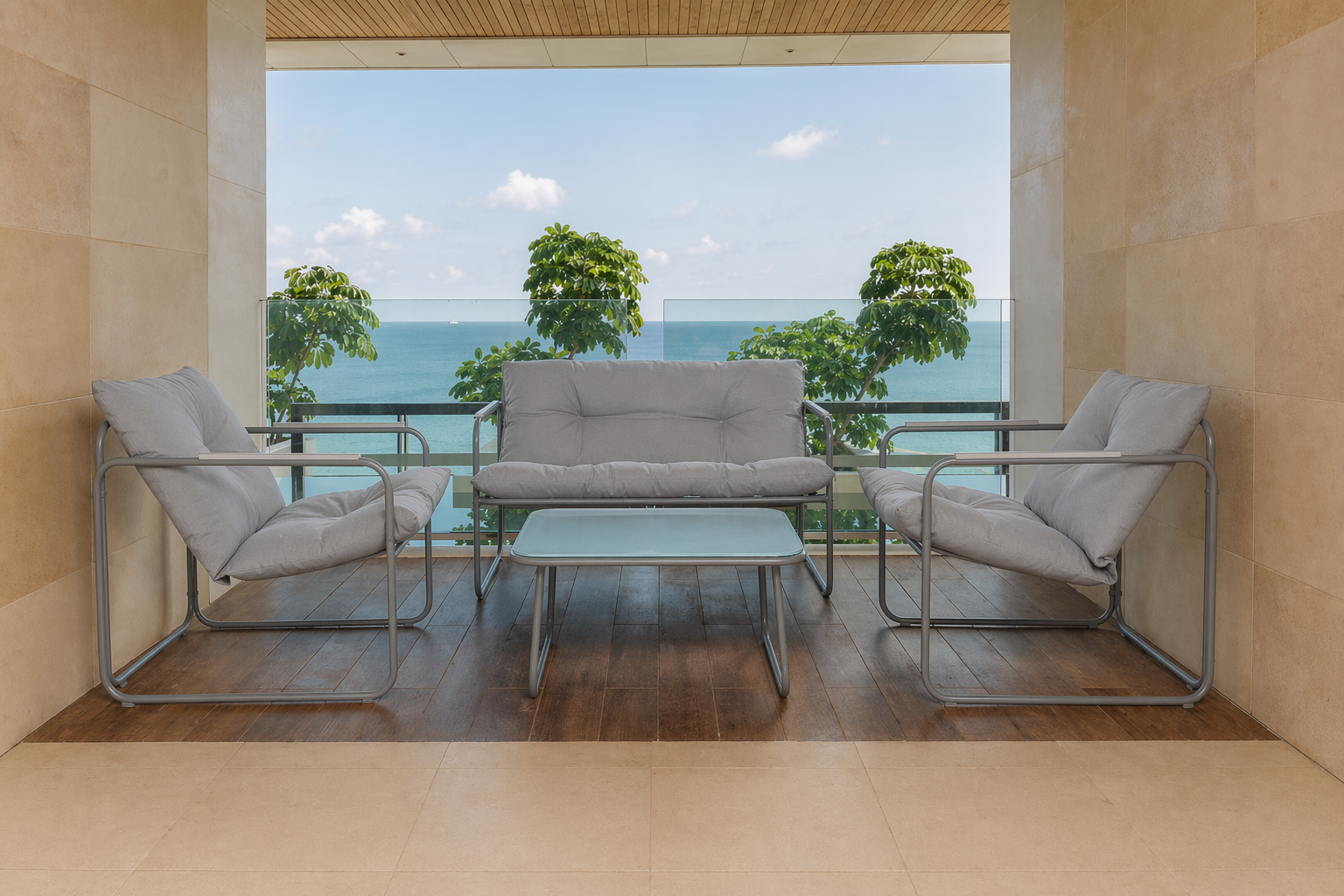 Set mobilier grădină 4 piese – canapea 2 locuri, 2 fotolii și masă cu sticlă securizată GRI DESCHIS