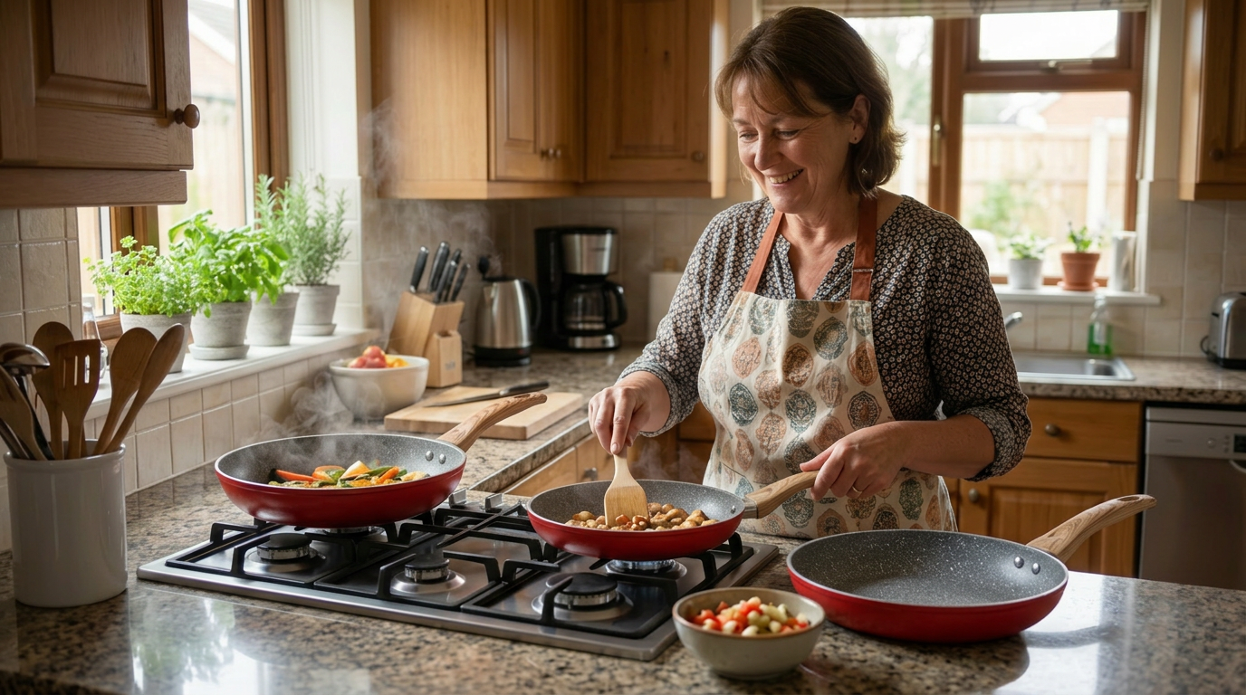 Set tigăi din aluminiu – 3 piese (20 cm, 24 cm, 26 cm) + Tocator din bambus cadou