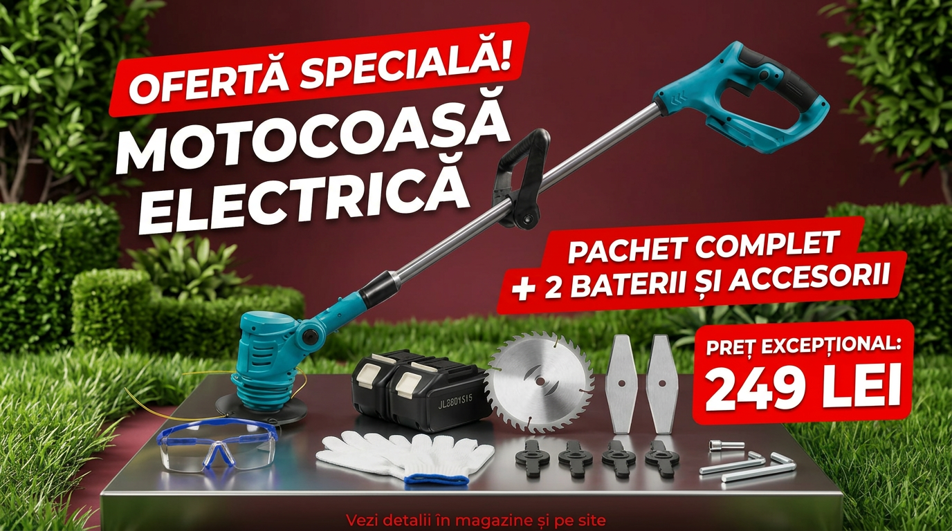 Trimmer Electric cu Acumulator, 2 Baterii Incluse, Motor Puternic, Lame Metalice + Cap cu Fir, Mâner Reglabil, Set Complet de Accesorii pentru Tuns Iarbă și Buruieni