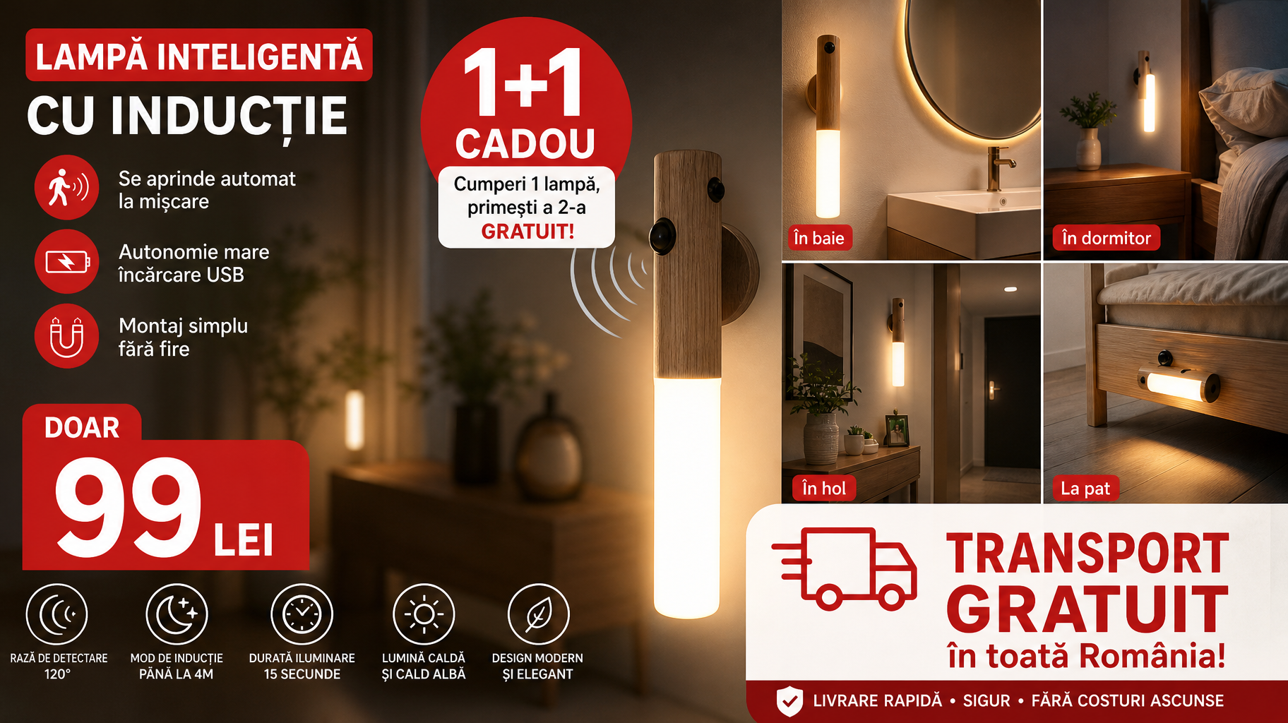 Lampă LED Inteligentă cu Senzor de Mișcare, Reîncărcabilă USB, Montaj Magnetic