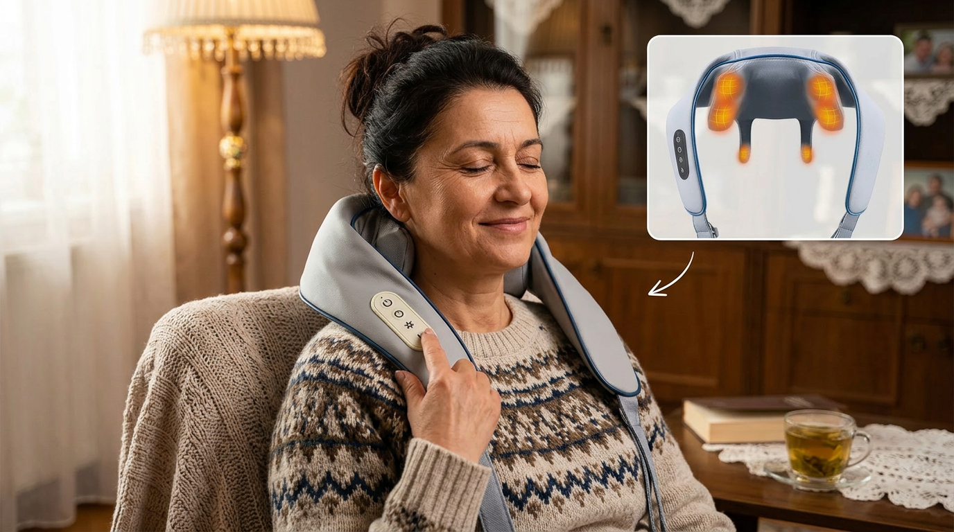 Aparat de Masaj Cervical și Umeri cu Funcție de Încălzire, 3 Moduri de Masaj, 3 Niveluri de Intensitate, Deep Tissue Shiatsu, Acumulator Reîncărcabil USB, pentru Gât, Umeri, Spate, Talie și Picioare