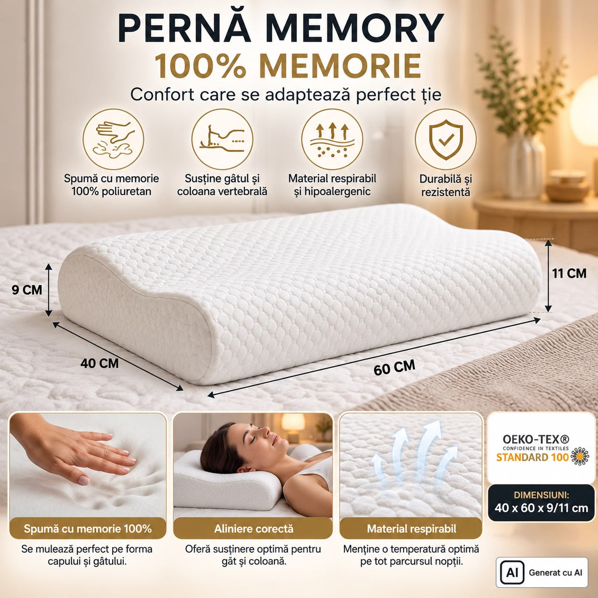 Pernă Cervicală Memory Foam 100% Suport Ergonomic pentru Gât și Coloană | 40x60x9/11 cm