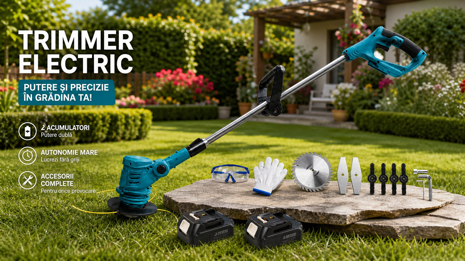 Trimmer Electric cu Acumulator, 2 Baterii Incluse, Motor Puternic, Lame Metalice + Cap cu Fir, Mâner Reglabil, Set Complet de Accesorii pentru Tuns Iarbă și Buruieni