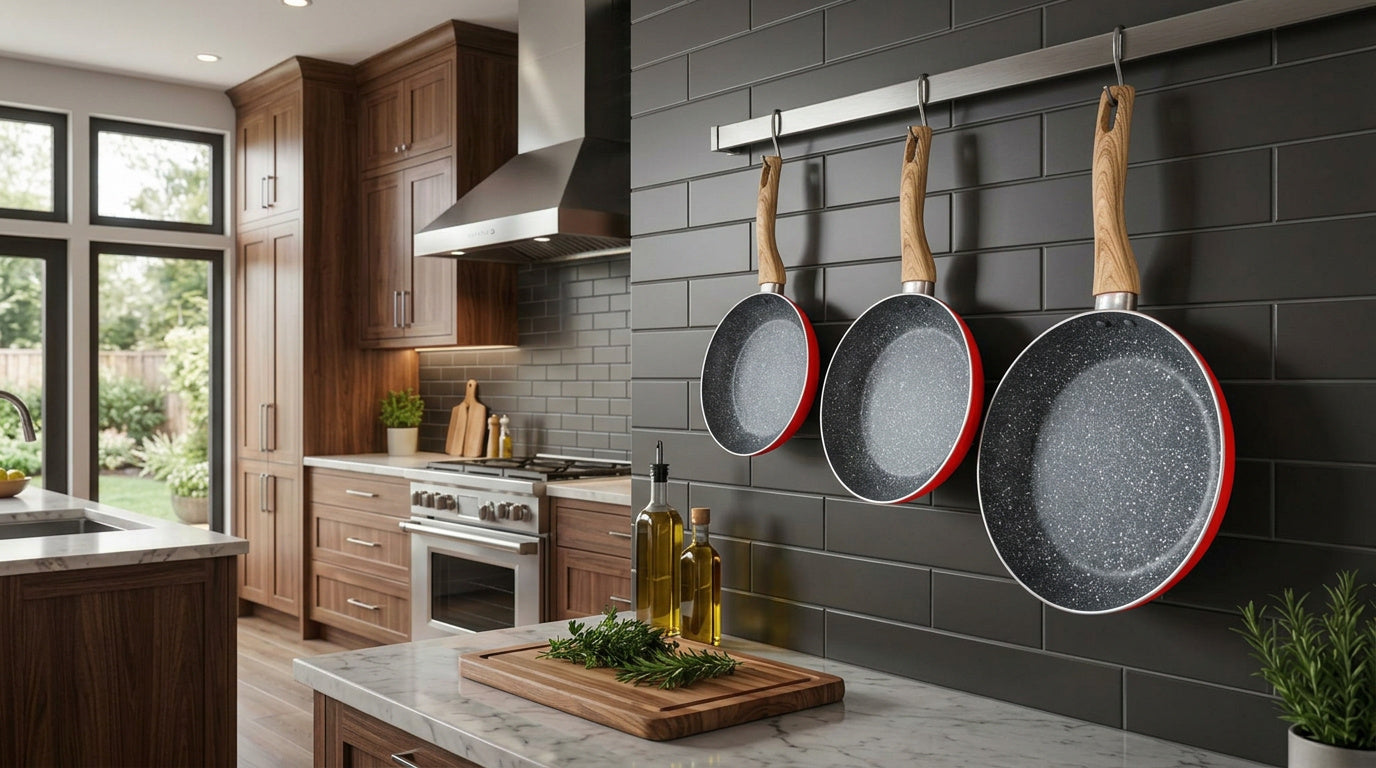 Set tigăi din aluminiu – 3 piese (20 cm, 24 cm, 26 cm) + Tocator din bambus cadou