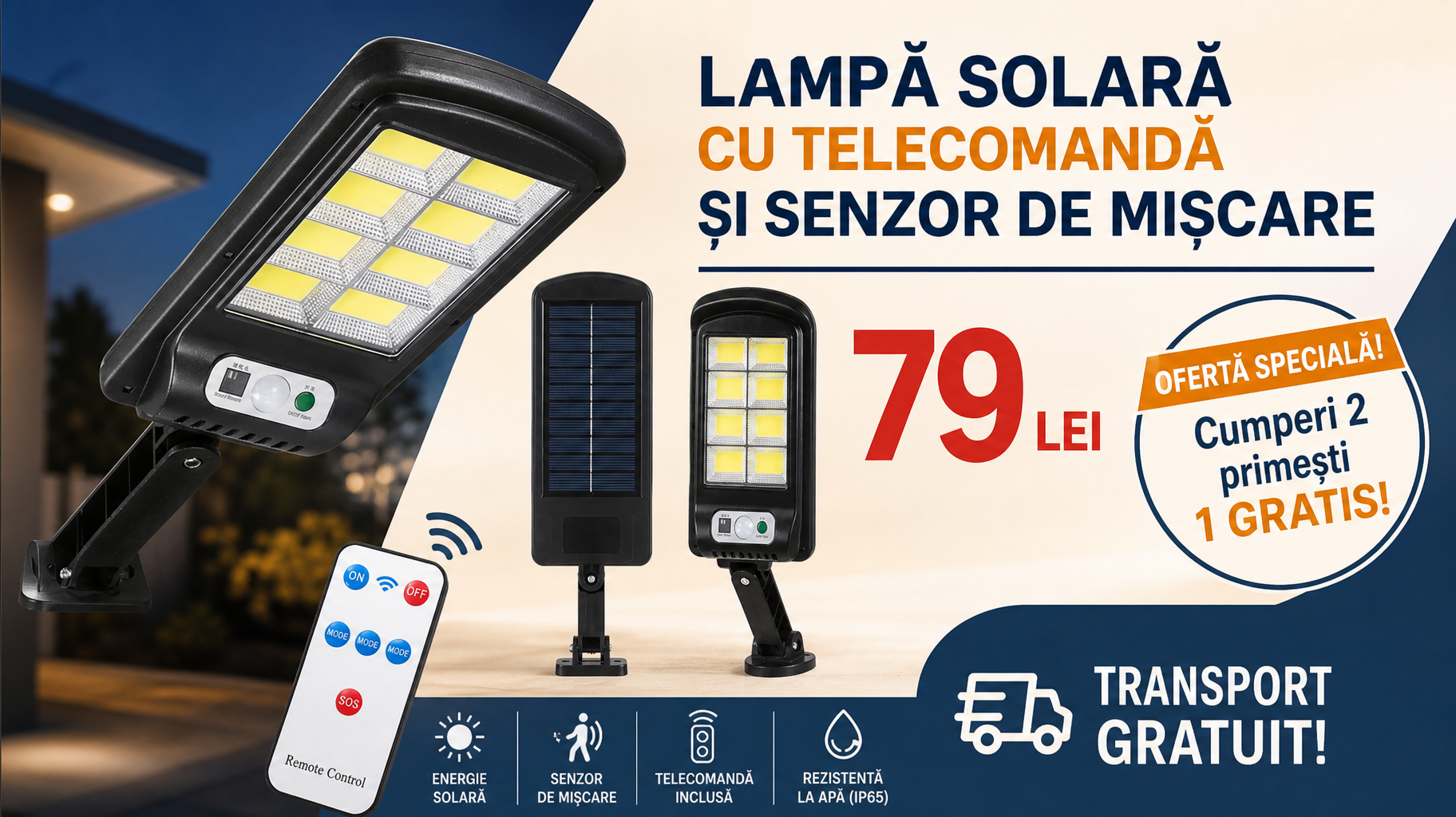 Pachet 2+1 Gratuit  Lampă Solară LED cu Panou Solar Separat, Telecomandă și Senzor de Mișcare