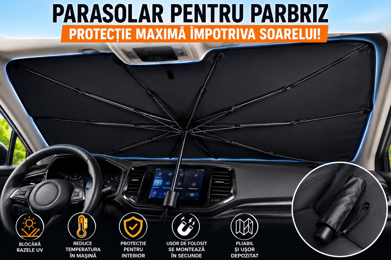 Set Complet Parasolare Auto 5 Piese  Protecție Totală Împotriva Soarelui