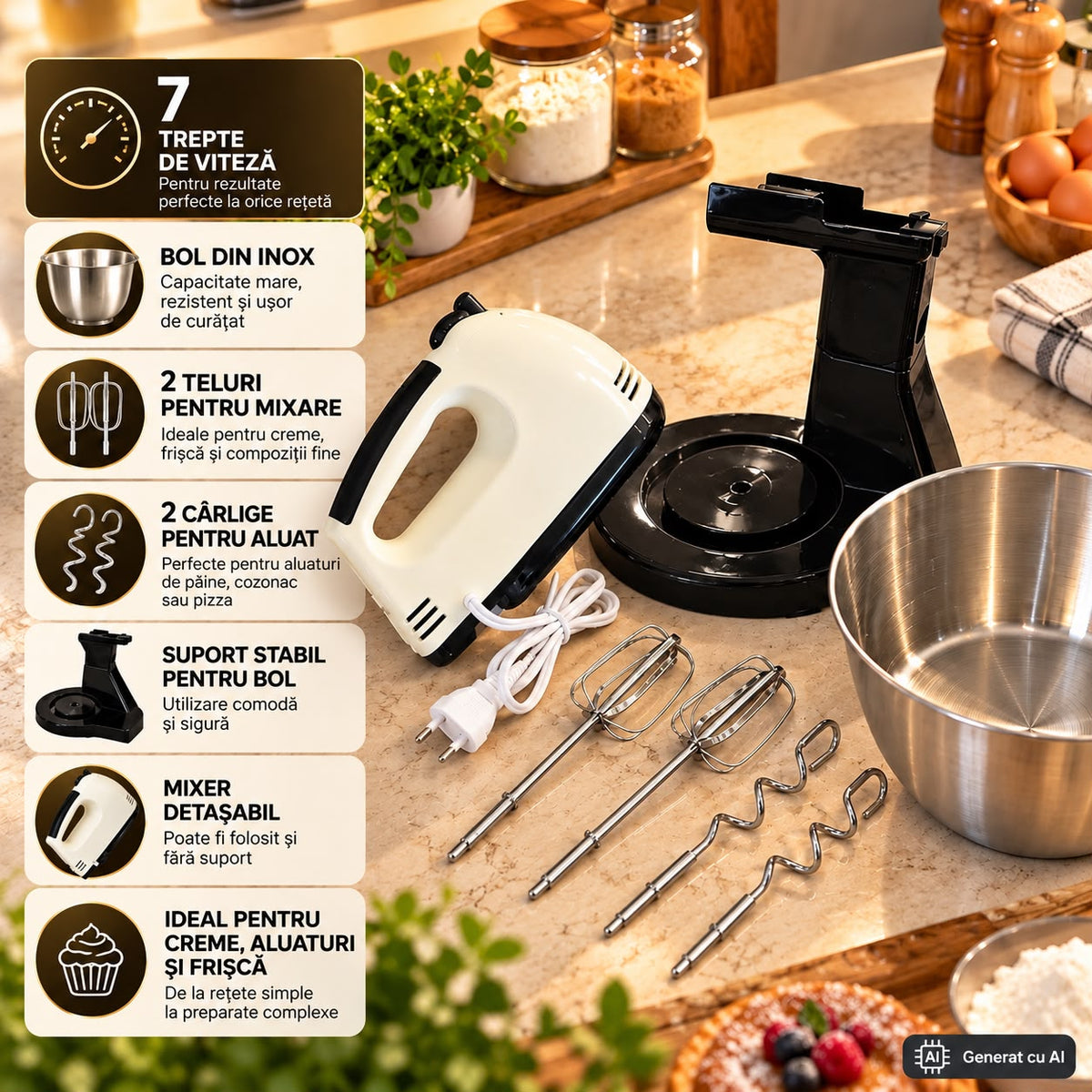 Mixer electric  cu bol inox 2L 380W, 7 viteze, mixer detașabil