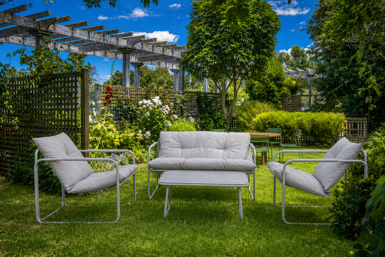 Set mobilier grădină 4 piese – canapea 2 locuri, 2 fotolii și masă cu sticlă securizată GRI DESCHIS