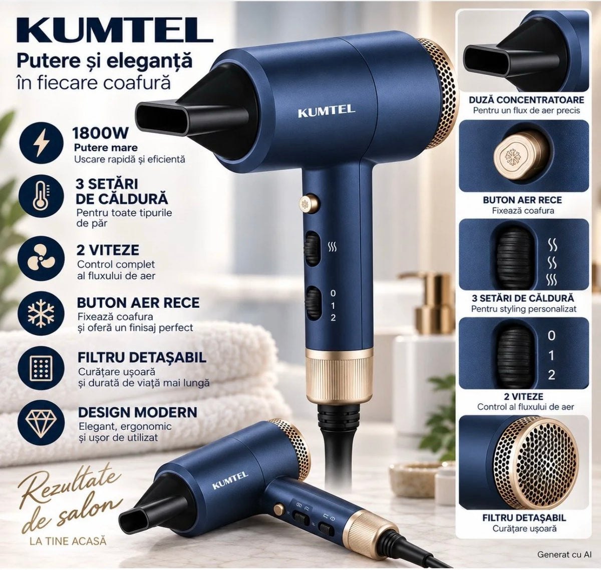 Uscător de păr KUMTEL - Performanță și stil pentru îngrijirea ta personală