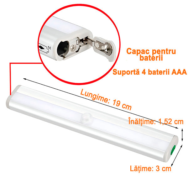 Lampă LED cu Senzor de Mișcare, 10 LED-uri, Bandă Magnetică, Alimentare 4x AAA, Montaj Fără Găurire, pentru Bucătărie, Dulap, Scară, Hol  19 cm