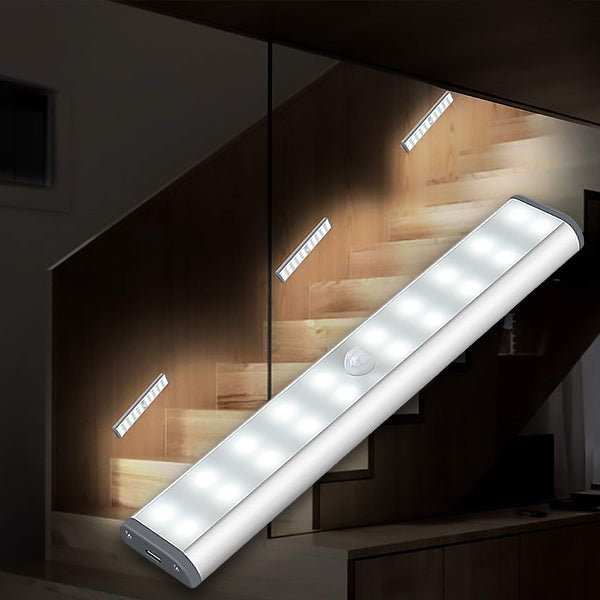Lampă LED cu Senzor de Mișcare, 10 LED-uri, Bandă Magnetică, Alimentare 4x AAA, Montaj Fără Găurire, pentru Bucătărie, Dulap, Scară, Hol  19 cm