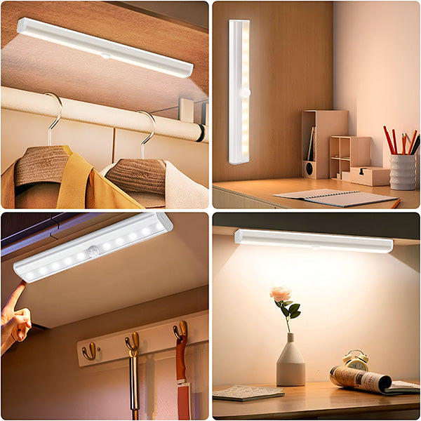 Lampă LED cu Senzor de Mișcare, 10 LED-uri, Bandă Magnetică, Alimentare 4x AAA, Montaj Fără Găurire, pentru Bucătărie, Dulap, Scară, Hol  19 cm