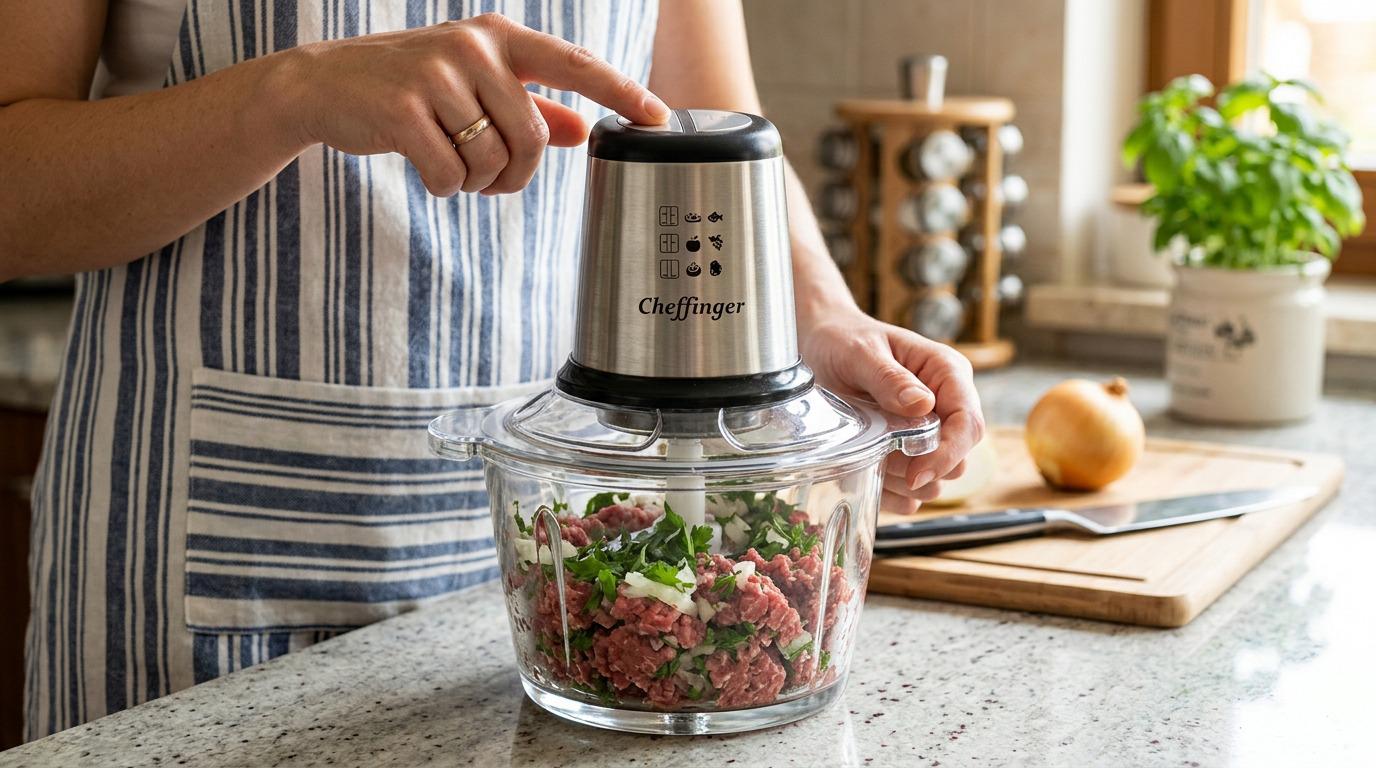 Tocător Electric Profesional Cheffinger XL – Putere și eficiență în bucătăria ta + 4 accesorii bambus cadou
