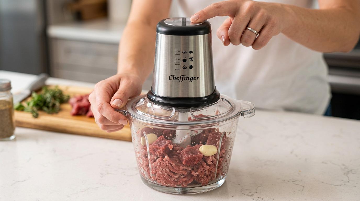 Tocător Electric Profesional Cheffinger XL – Putere și eficiență în bucătăria ta + 4 accesorii bambus cadou