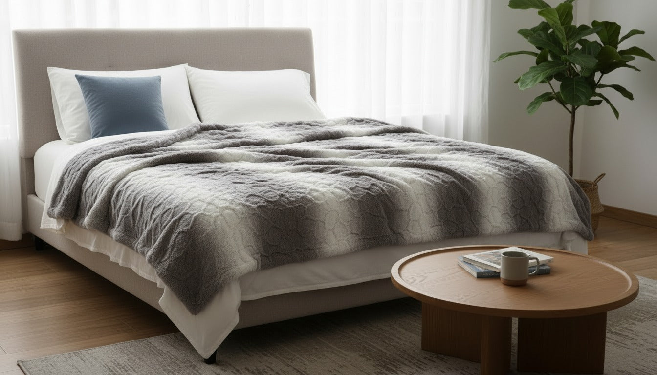 Pătură moale și călduroasă gri OMBRE – confort desăvârșit pentru orice sezon + pătura subțire CADOU