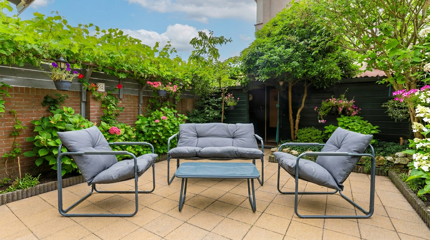 Set mobilier grădină 4 piese – canapea 2 locuri, 2 fotolii și masă cu sticlă securizată GRI INCHIS